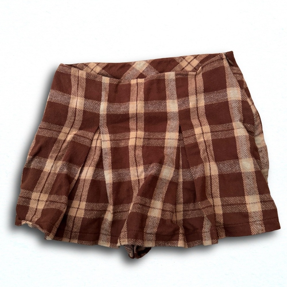 Forever 21 Brown Plaid Pleated Skort Mini Skirt Shorts Preppy Academic Skort
